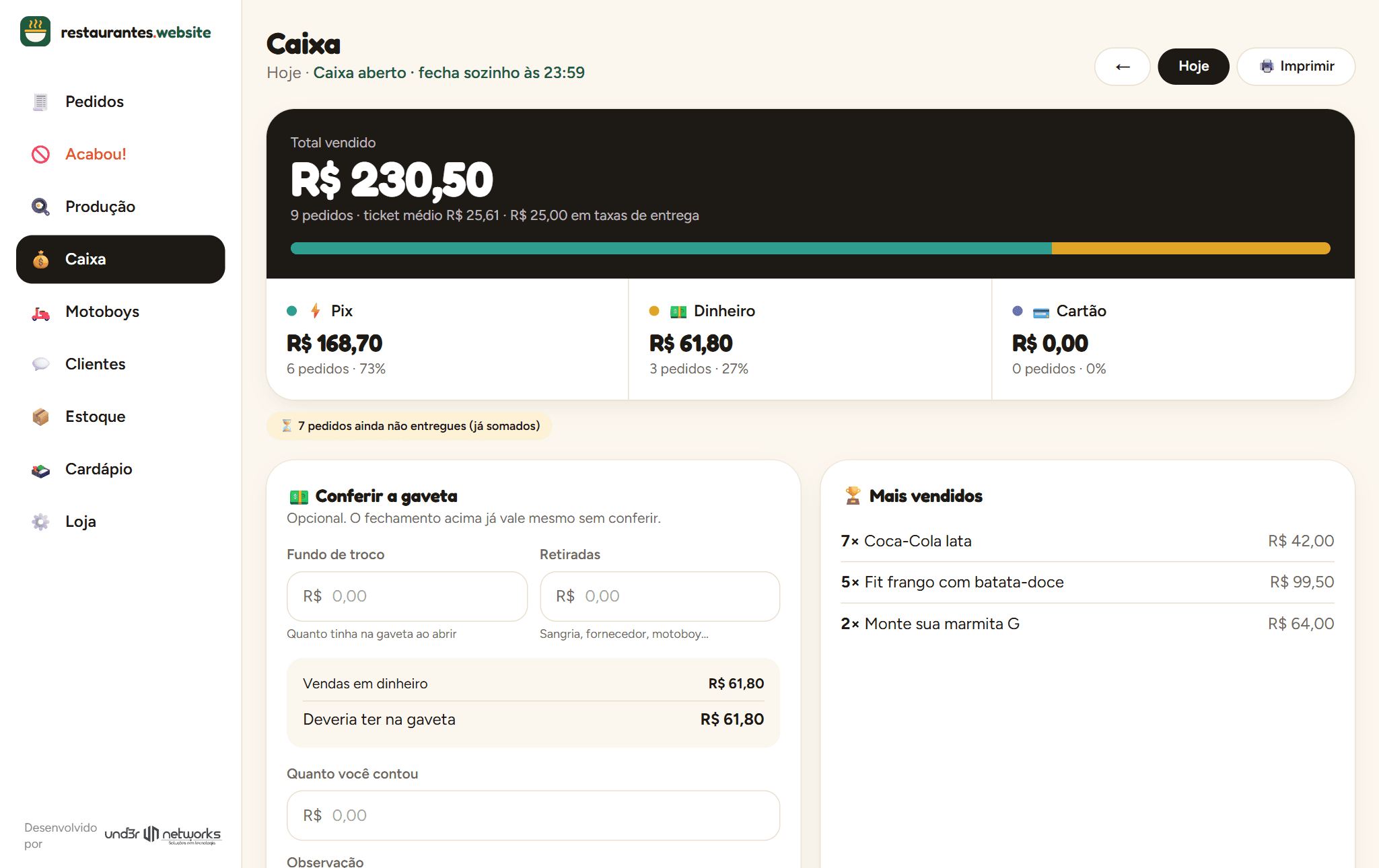 Caixa do dia separado por Pix, dinheiro e cartão