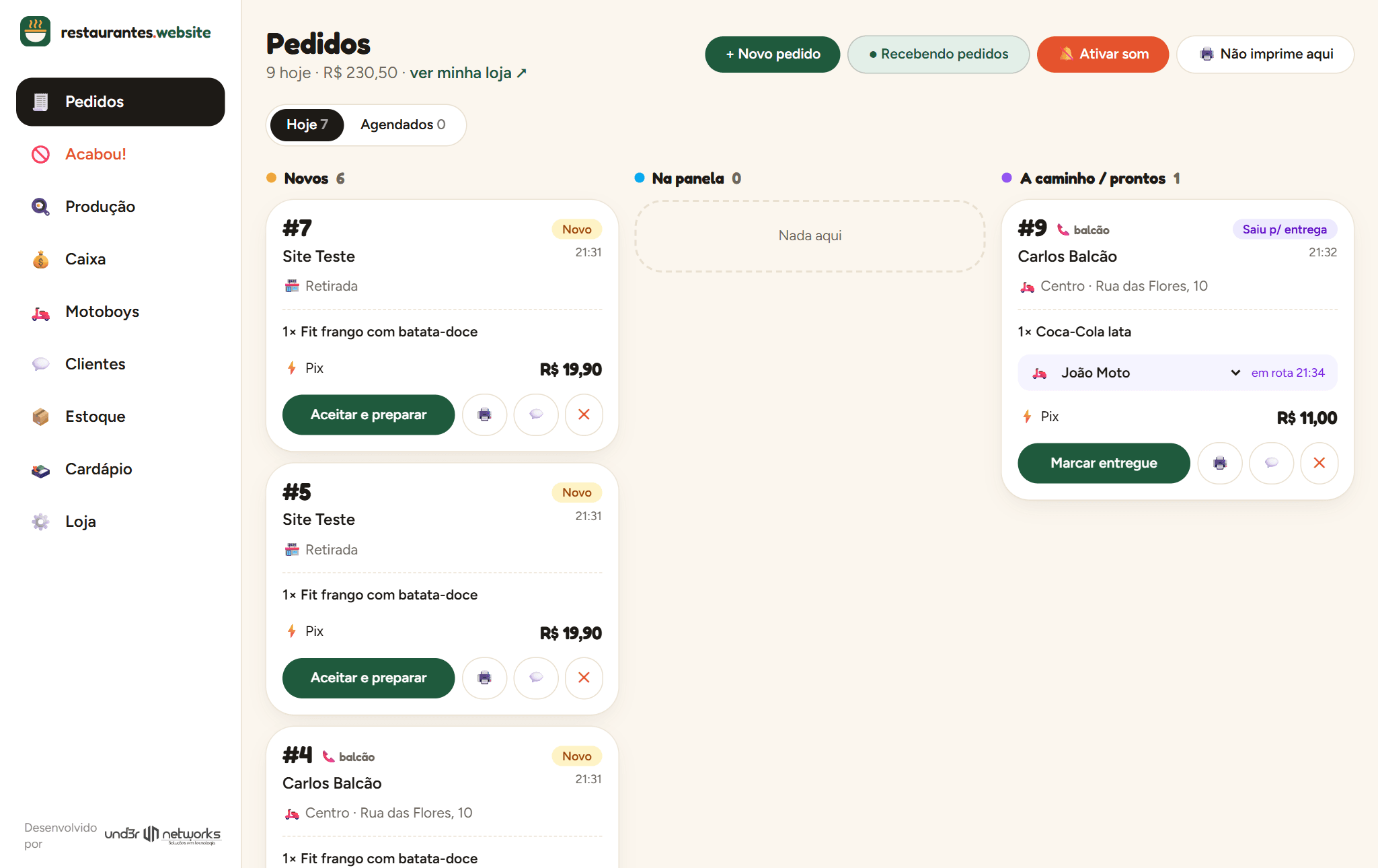 Painel de pedidos: novos, em preparo e a caminho